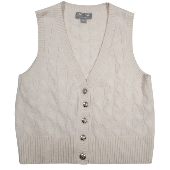 J.Crew Cashmere Cable Knit Sweater Vest Cream Gold Crest Button V-Neck XS - Picture 2 of 15
